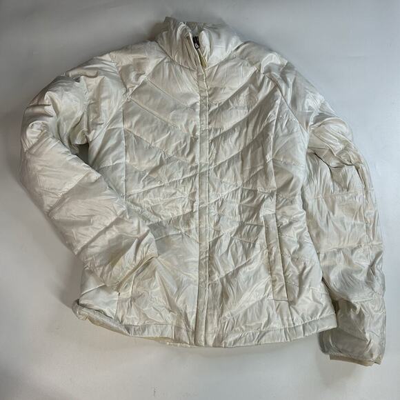 The North Face Jacket Womens Medium White Power 550 Goose Down Puffer Coat Flaws - Picture 1 of 13